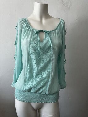 90s Y2K Boho Blouse M Sea green Cowgirl Western Lace Rustic Mermaid Dreamy Ranch
